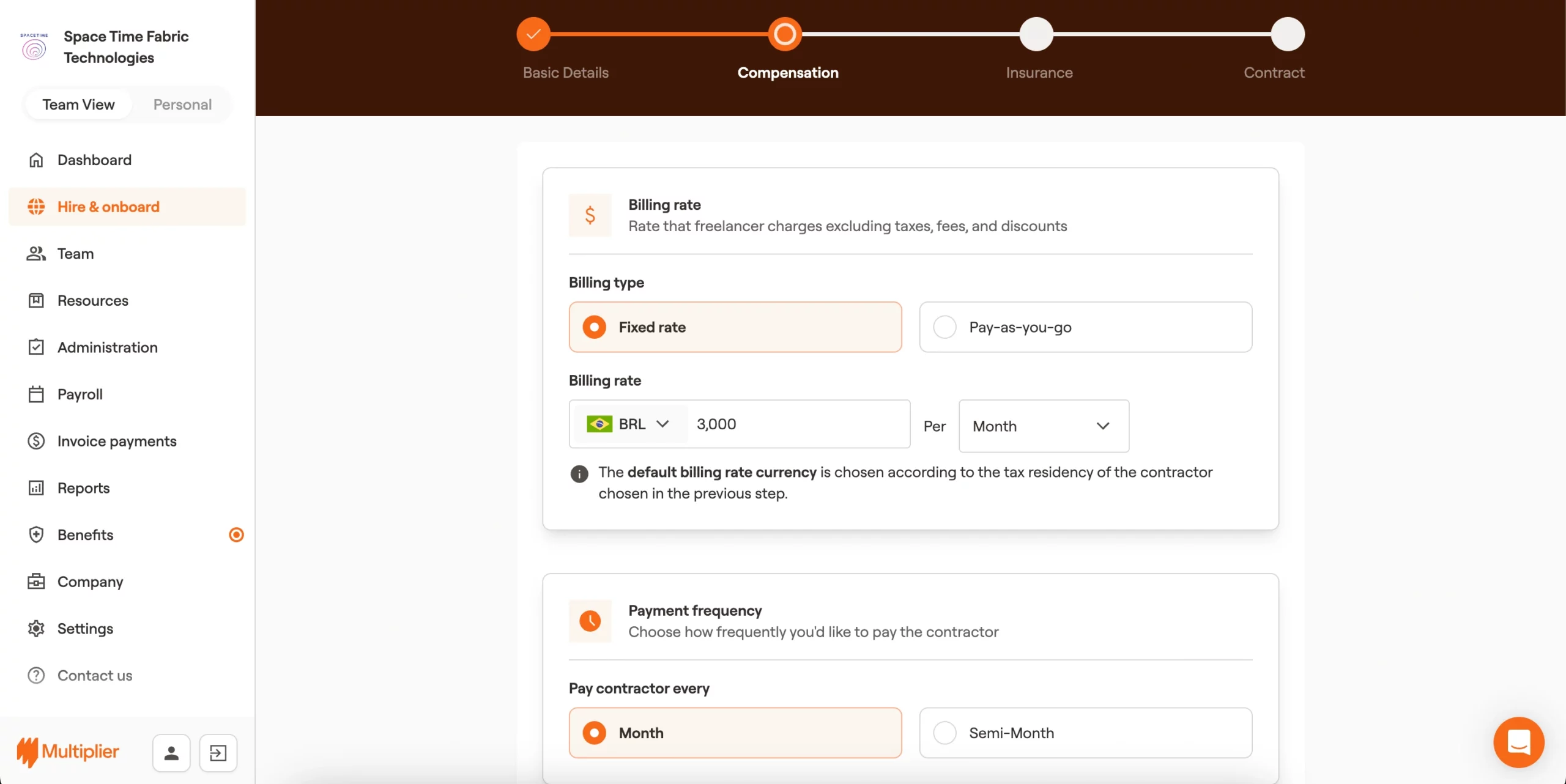 Billing type, rate, frequency, and invoice generation for onboarding a contractor in Brazil. 